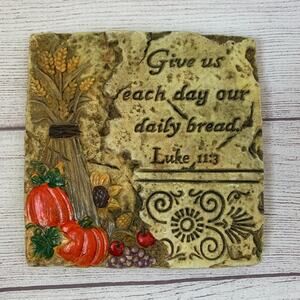 Daily Bread Scripture Wall Hanging Square Plaque Harvest Pumpkin Wheat Decor